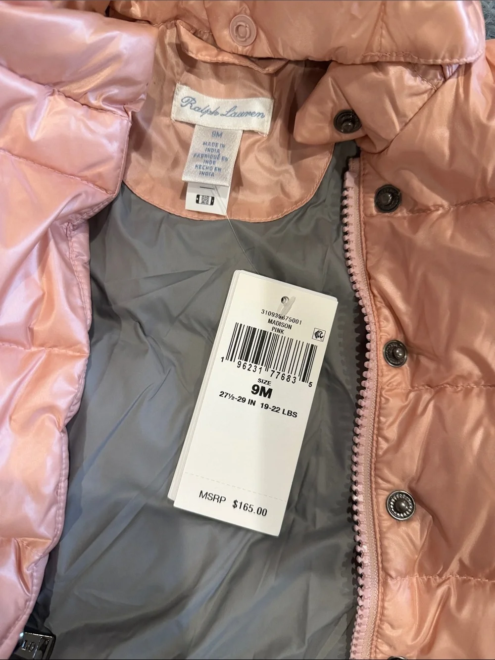 Ralph Lauren pearl Pink Quilted Puffer Coat